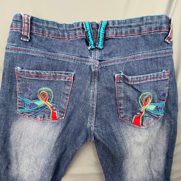 Queen Maker Low Rise Flare Jeans Blue Stretch Y2K Embroidered Pockets Sz 3 - Picture 5 of 8